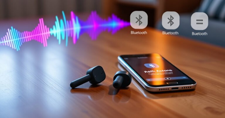 A sleek pair of SESH ANC earbuds resting on a polished wooden table, surrounded by vibrant sound waves and digital icons illustrating Bluetooth connectivity. A soft glow emanates from the earbuds, highlighting their modern design, with a smartphone nearby displaying a pairing screen, immersed in a cozy, tech-savvy environment.