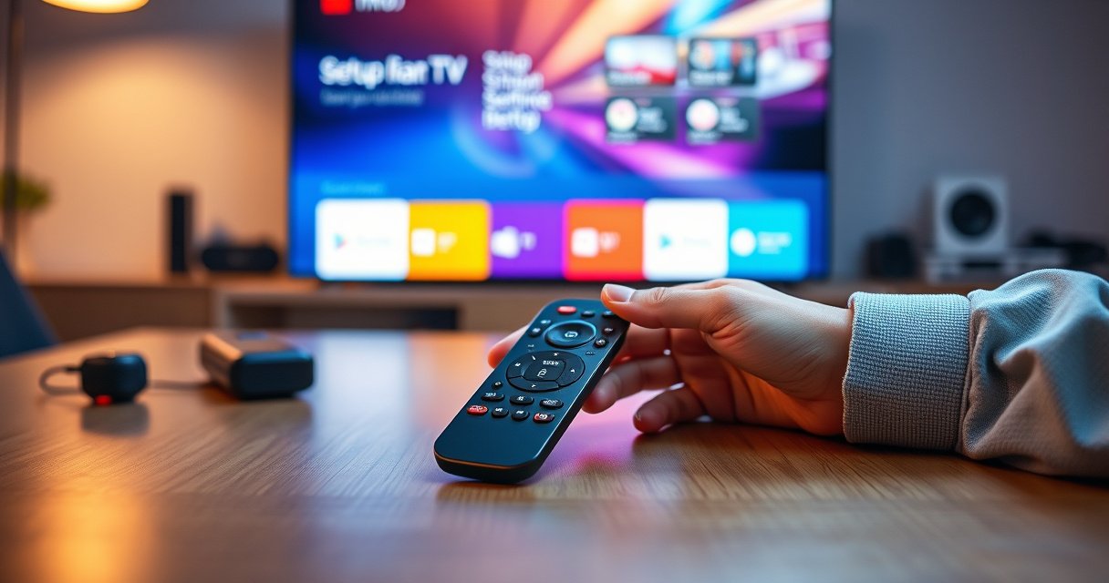A sleek Samsung Smart TV remote BN59 lies on a modern wooden table, surrounded by vibrant tech gadgets. A glowing TV screen in the background displays a colorful setup interface. Soft ambient light creates a cozy atmosphere, while a pair of hands reaches for the remote, symbolizing easy connectivity and user-friendly technology.