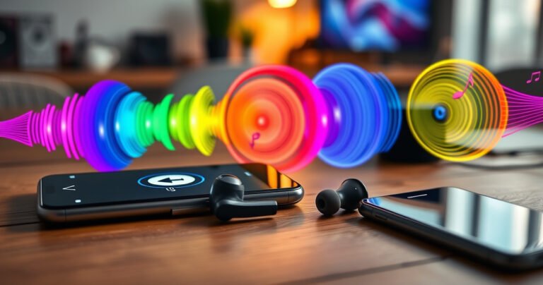 A close-up of sleek Sennheiser earbuds resting on a wooden table, surrounded by vibrant sound waves illustrated in colorful spirals. A smartphone displays a seamless pairing interface, while soft ambient light highlights the modern design. In the background, a cozy workspace with a hint of music notes floating in the air enhances the tech-savvy atmosphere.