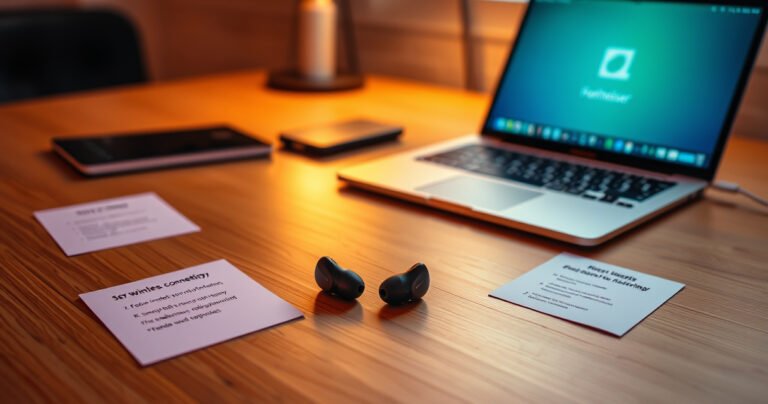 An elegant workspace featuring a pair of sleek Sennheiser True Wireless Earbuds resting on a modern wooden desk, surrounded by vibrant notes on pairing steps, a laptop with a pairing screen visible, and a soft, glowing ambient light creating a focused atmosphere, inviting readers to explore the seamless connectivity of technology.