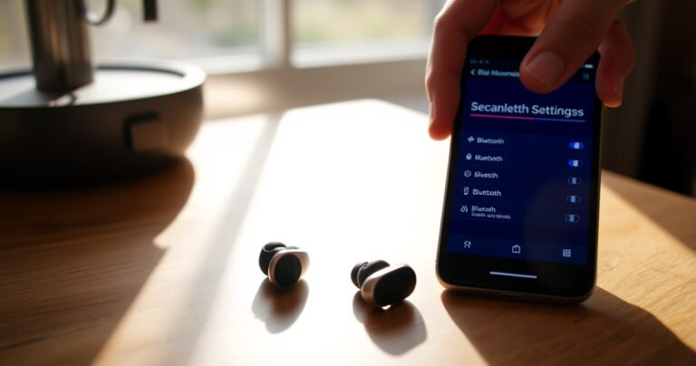 A close-up of sleek Shokz earbuds resting on a wooden desk, surrounded by a smartphone displaying a vibrant Bluetooth settings screen. Soft morning light filters through a nearby window, casting gentle shadows. A person's hand reaches for the earbuds, hinting at a seamless connection process, with a cozy atmosphere evoking a sense of ease and technology.