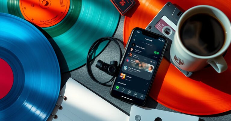 A stylish flat lay featuring Skullcandy Indy Wireless Earbuds nestled among vibrant music-themed items, like colorful vinyl records and a retro cassette tape, with soft ambient lighting casting playful shadows. A modern smartphone displays a streaming app open to a playlist, surrounded by notes and a steaming cup of coffee, evoking a cozy, music-loving atmosphere.