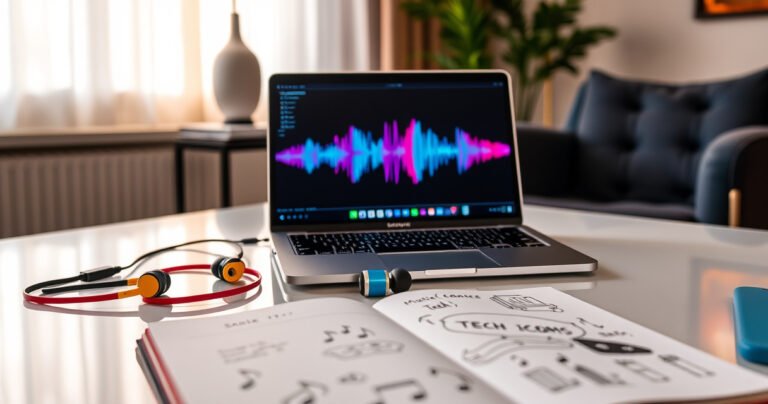 A modern workspace with a sleek laptop displaying vibrant sound waves, surrounded by colorful Skullcandy Sesh wireless earbuds on a stylish desk. Soft ambient lighting casts warm reflections on polished surfaces, while a cozy chair invites relaxation. An open notebook with doodles of music notes and tech ideas adds a creative touch to the scene.