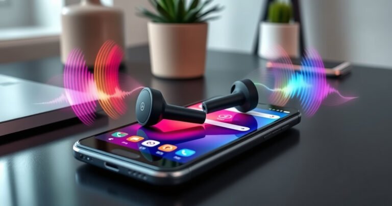 A sleek pair of Skullcandy wireless earbuds resting on a vibrant Android smartphone screen, surrounded by colorful sound waves visualized in the air, with a stylish, modern workspace background featuring a soft-focus plant and minimalist decor, evoking a sense of effortless technology and connectivity.