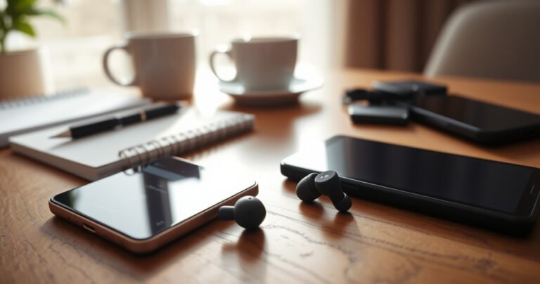 A close-up of sleek Sony Bluetooth earbuds resting on a wooden table, surrounded by a smartphone displaying Bluetooth settings. Soft morning light streams through a nearby window, highlighting a cozy workspace with a notepad, coffee cup, and tech gadgets, creating an inviting atmosphere that hints at effortless connectivity and modern lifestyle.