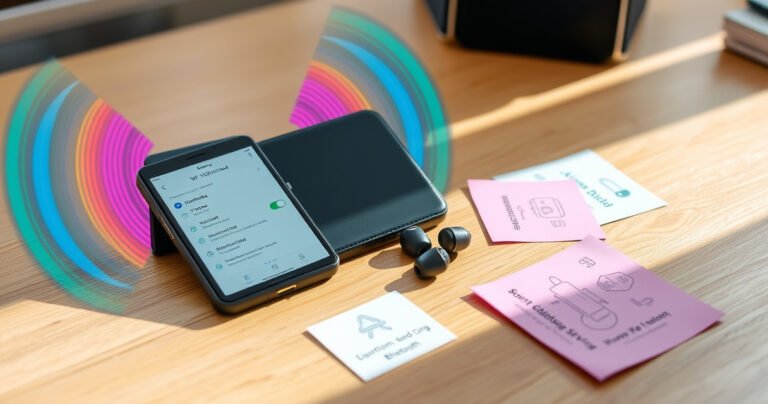 A sleek pair of Sony WF-1000XM4 earbuds resting on a minimalist wooden desk, surrounded by vibrant soundwaves visually emanating from them. An open smartphone displays the Bluetooth settings screen, while colorful notes and diagrams illustrating quick setup steps are scattered nearby, creating an inviting, tech-savvy atmosphere. Bright natural light floods the scene.