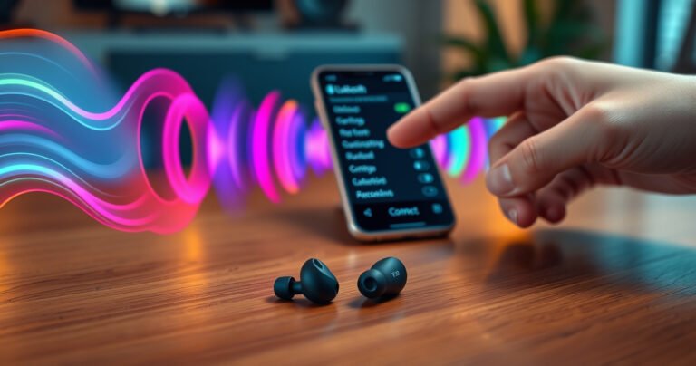 A sleek pair of true wireless earbuds resting on a wooden table, surrounded by vibrant sound waves visualized in colorful swirls, a smartphone displaying Bluetooth settings in the background, and a hand poised to tap 'connect,' bathed in warm, inviting light that emphasizes a modern, tech-savvy atmosphere.