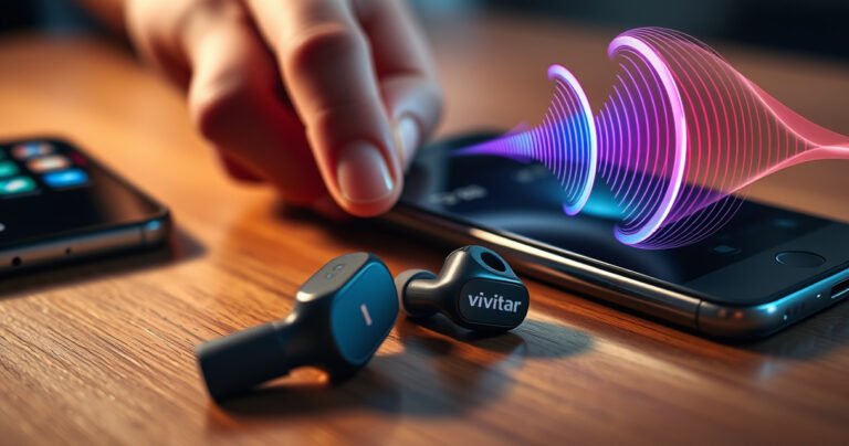 A close-up of sleek Vivitar earbuds resting on a wooden table, surrounded by colorful phone apps and a glowing smartphone. Soft ambient light highlights the earbuds' modern design, while a hand reaches in to connect them, with vibrant sound waves illustrated in the background, symbolizing seamless connectivity and audio excellence.