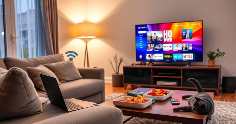 A cozy living room scene featuring a sleek laptop connected wirelessly to a vibrant smart TV, displaying a colorful streaming interface. Soft ambient lighting highlights a plush couch and a coffee table cluttered with snacks. A playful cat lounges nearby, while a modern decor style enhances the inviting atmosphere, suggesting a seamless blend of technology and comfort.
