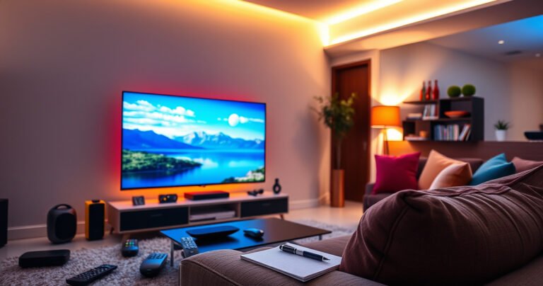 A sleek, modern living room showcases a vibrant smart TV displaying a stunning landscape scene. Surrounding it are various remote controls, tech gadgets, and a cozy couch adorned with colorful cushions. Soft ambient lighting highlights the room's warm tones, creating an inviting atmosphere, while a notepad and pen sit nearby, suggesting thoughtful decision-making.