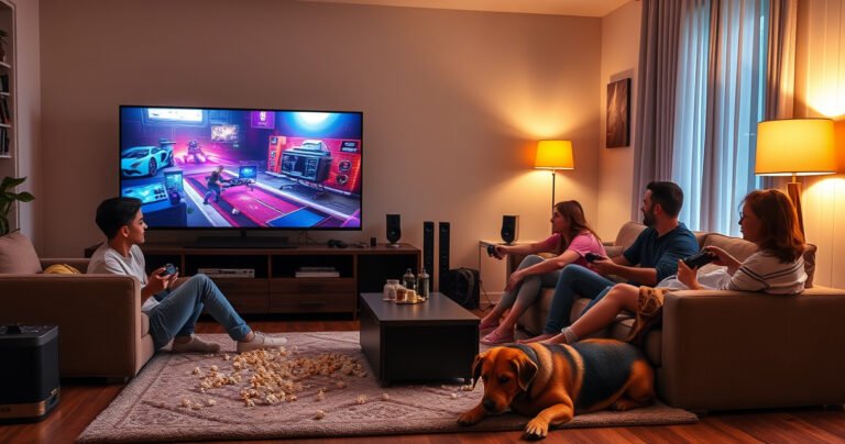 A cozy living room with a large smart TV displaying vibrant game graphics, a family gathered around with game controllers in hand, popcorn scattered on the couch, warm lighting from a nearby lamp, futuristic gaming setups on display, and a playful dog lounging on the rug, conveying a sense of fun and togetherness in gaming.