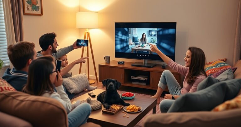 A cozy living room scene featuring a sleek smart TV displaying a smartphone screen mirroring app. A family gathers around, excitedly pointing at the TV while a dog lounges nearby. Colorful cushions and a warm glow from a lamp create an inviting atmosphere, with a coffee table cluttered with snacks and a remote control.