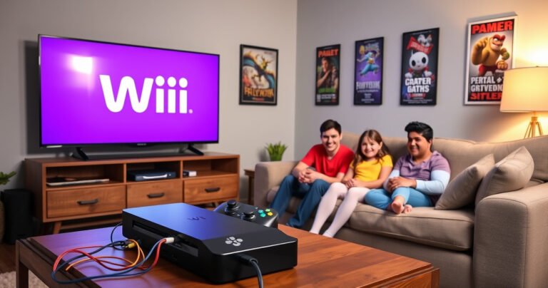 A cozy living room featuring a large Smart TV displaying the Wii logo, a sleek black gaming console connected with colorful wires, a vibrant gaming controller on a wooden coffee table, and a family of four joyfully gathered on a plush couch, surrounded by gaming posters and soft lighting creating a warm, inviting atmosphere.