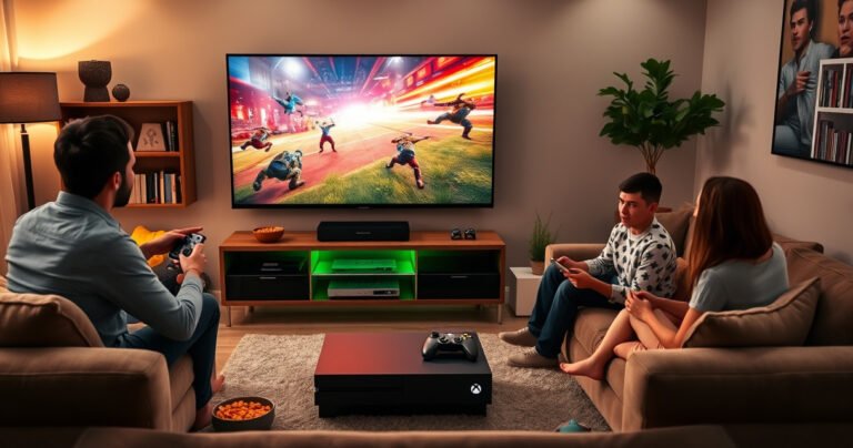 A cozy living room with a large smart TV displaying vibrant Xbox game graphics, a sleek gaming console connected below, surrounded by plush couches and snack bowls. Soft lighting enhances the inviting atmosphere, while a family eagerly watches and interacts, showcasing the excitement of gaming together.