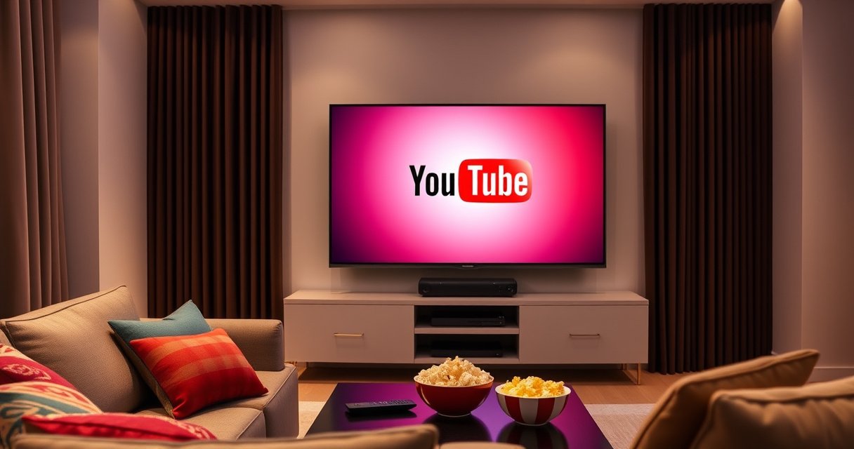 A modern living room with a sleek Hisense Smart TV displaying the YouTube logo on screen, a cozy sofa with colorful cushions, soft lighting creating a warm atmosphere, a remote control resting on the coffee table, and a bowl of popcorn nearby, evoking a sense of comfort and entertainment for family movie nights.