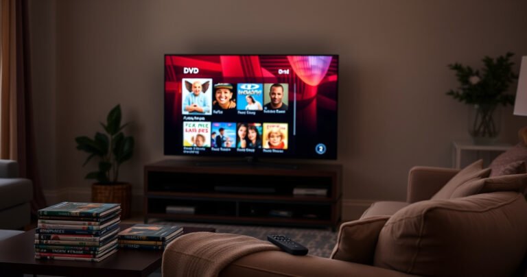 A cozy living room scene featuring a sleek Samsung Smart TV displaying a vibrant DVD menu, surrounded by comfortable furniture. Soft ambient lighting illuminates the room, with a stack of colorful DVDs on a nearby table, and a remote control resting on a plush sofa, inviting viewers to explore the world of home entertainment.