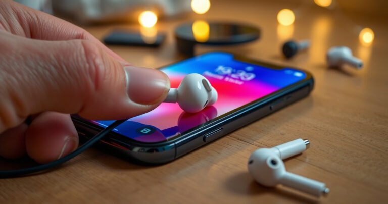 A close-up of a sleek iPhone with vibrant colors, showcasing a hand gently plugging in glossy earphones. The background features a cozy, homey setting with soft lighting and scattered tech accessories, highlighting the ease and modernity of using earphones with the device. Emphasize the connection, warmth, and simplicity of the moment.