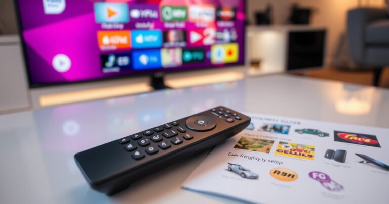 A sleek Philips Smart TV remote rests on a modern coffee table, surrounded by a glowing TV screen displaying vibrant app icons. Soft ambient lighting creates a cozy atmosphere, while a user-friendly guide with colorful visuals lies nearby, inviting readers to effortlessly navigate the setup process. The scene exudes a sense of comfort and technological ease.