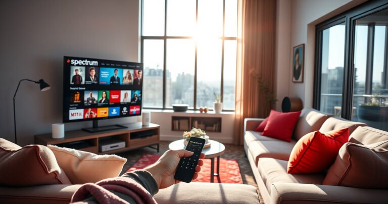 A sleek modern living room featuring a smart TV displaying colorful streaming options, a stylish Spectrum remote in hand, surrounded by plush furniture and vibrant decor. Sunlight streams through large windows, illuminating the cozy space, with hints of technology like smart speakers and a Wi-Fi router, blending comfort and innovation in perfect harmony.