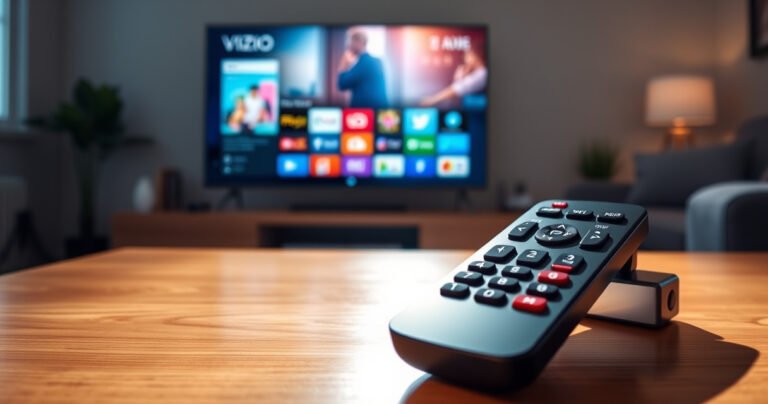A close-up of a sleek Vizio Smart TV remote, vibrant buttons glowing softly, resting on a stylish wooden table. In the background, a modern living room with a large flat-screen TV displaying a bright, inviting home screen. Soft natural light filters through a nearby window, casting gentle shadows, creating a warm and tech-savvy atmosphere.
