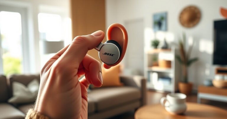 A close-up of a hand gently inserting sleek Bose earbuds into a person's ear, showcasing a vibrant, cozy living room background. Soft sunlight filters through a window, highlighting the modern decor and a coffee cup on a side table, creating an inviting atmosphere that emphasizes comfort and clarity of sound.