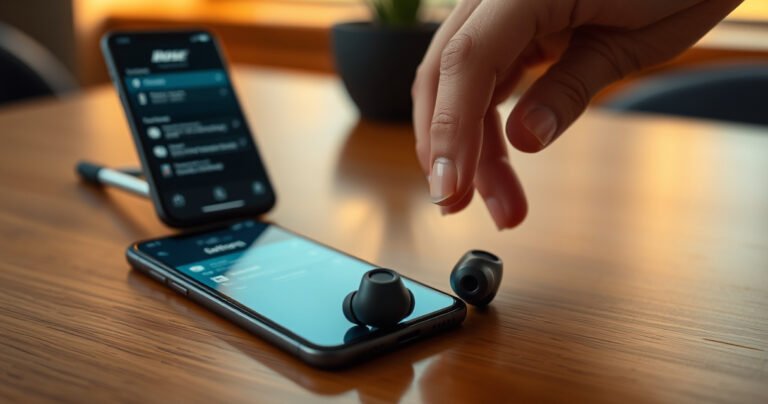 A close-up of sleek Bose QC earbuds resting on a modern wooden table, with soft ambient light creating a warm atmosphere. Nearby, a smartphone displays the Bluetooth settings screen, while a gentle hand hovers over the earbuds, ready to press the pairing button. Subtle reflections and shadows enhance the high-tech yet inviting scene.