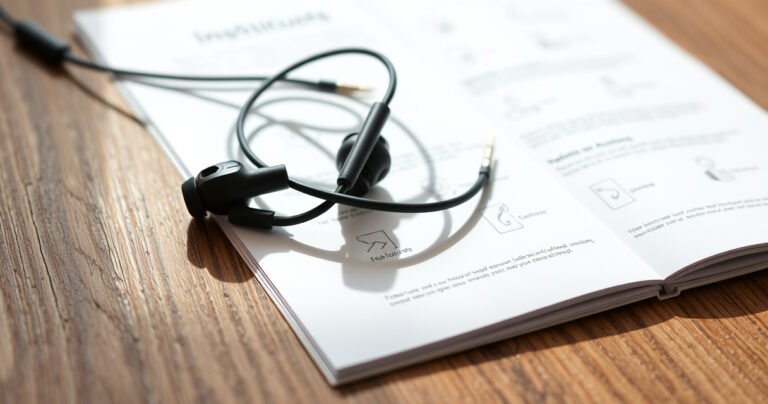 A close-up view of a pair of sleek, modern earbuds intertwined with stylish earphones, resting on a textured wooden surface. Soft natural light highlights their intricate details, showing vibrant colors and smooth finishes. An open instruction manual with clear diagrams lies beside them, creating a clean and organized workspace atmosphere that invites creativity and learning.