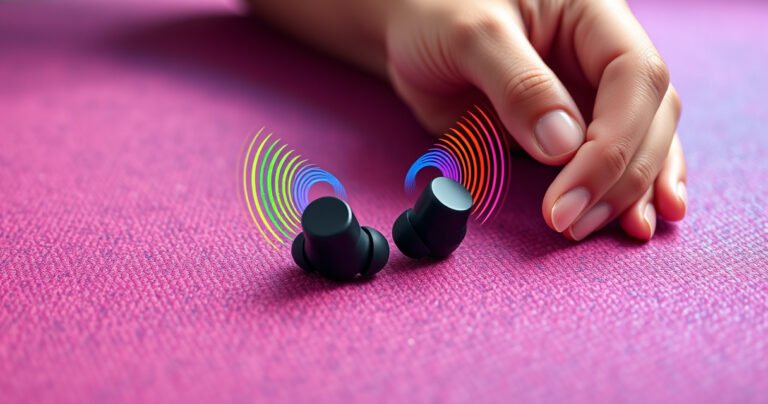 A close-up of a pair of sleek, wireless earphones resting on a vibrant, textured surface, with hands demonstrating the correct placement in a dynamic, step-by-step sequence. Colorful sound waves radiate from the earphones, symbolizing clarity and connection, while a minimalist background emphasizes the focus on the product and its effortless usability.