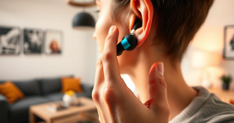 A close-up of a person’s hand gently guiding a sleek, stylish earphone towards their ear, with vibrant colors highlighting the earphone's design. Soft, warm lighting creates a cozy atmosphere, while a blurred background of a modern living space adds a touch of everyday life, emphasizing simplicity and ease in the process.
