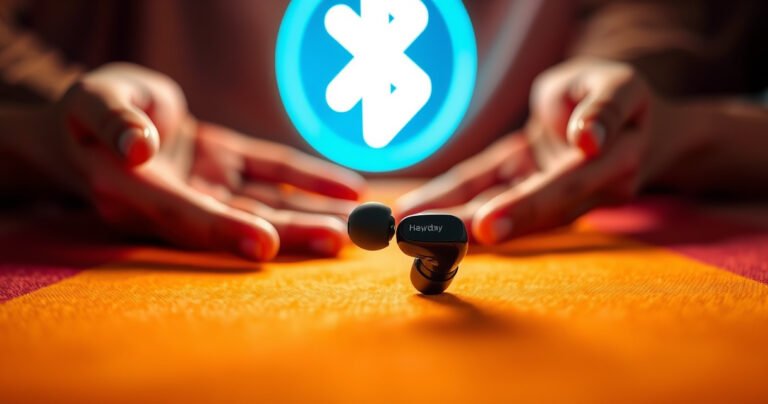 A close-up of sleek, modern Heyday earbuds resting on a vibrant, soft fabric background, with a glowing Bluetooth symbol above them. The scene is warmly lit, highlighting the earbuds' glossy finish, while a pair of hands gently reaches towards them, showcasing a sense of connection and technology in harmony.