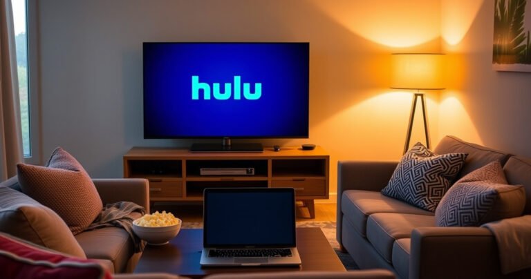 A cozy living room with a modern smart TV displaying the Hulu logo, surrounded by a comfortable couch, soft pillows, and a bowl of popcorn. Warm light illuminates the room, with a coffee table holding a laptop and a remote control, inviting viewers to enjoy a seamless streaming experience.