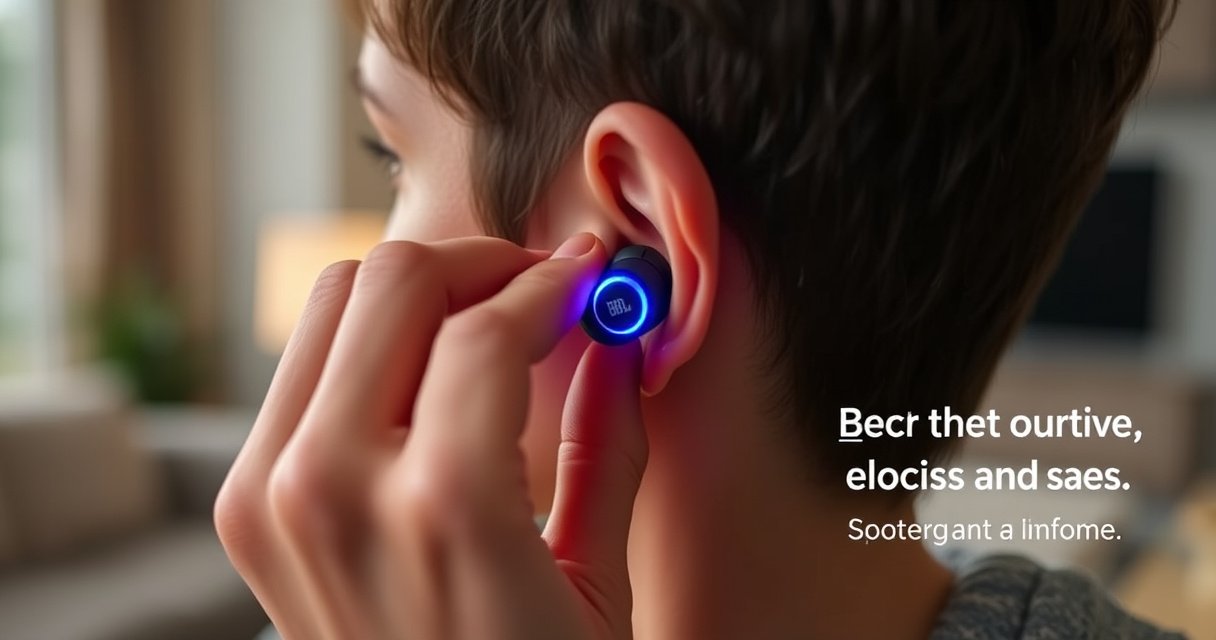 A close-up of a person’s hand delicately inserting vibrant JBL earbuds into their ear, surrounded by a soft, blurred background of a cozy living space. The earbuds shine with electric blue and red accents, while a subtle glow highlights the ergonomic design, creating an inviting and instructional atmosphere that emphasizes comfort and style.