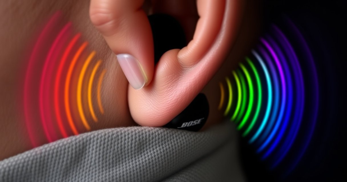 A close-up of a pair of sleek Bose earbuds nestled in a soft, textured fabric, with a guiding hand demonstrating their insertion into an ear. Surrounding the scene, hints of vibrant sound waves ripple outward in a colorful spectrum, creating a dynamic backdrop that conveys comfort and high-quality audio experience.