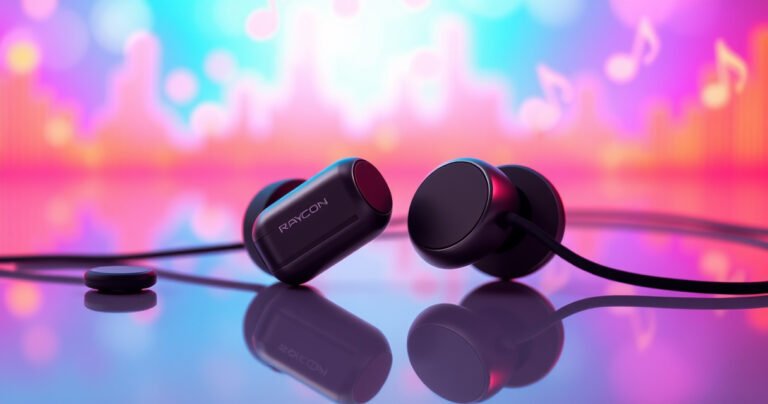 A close-up of sleek Raycon earbuds resting on a vibrant, modern background, surrounded by colorful sound waves and playful musical notes, highlighting the earbuds' elegant design. Soft light reflects off the glossy surface, creating an inviting atmosphere that suggests a seamless connection to technology and music, perfect for a tech-savvy audience.