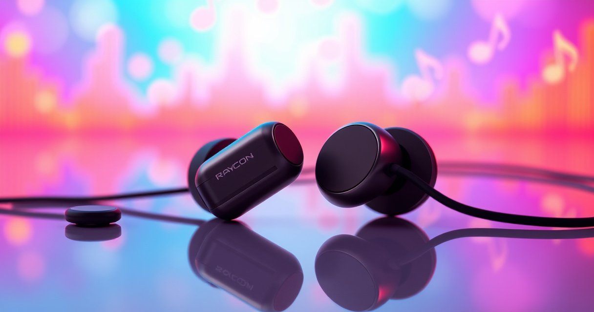 A close-up of sleek Raycon earbuds resting on a vibrant, modern background, surrounded by colorful sound waves and playful musical notes, highlighting the earbuds' elegant design. Soft light reflects off the glossy surface, creating an inviting atmosphere that suggests a seamless connection to technology and music, perfect for a tech-savvy audience.