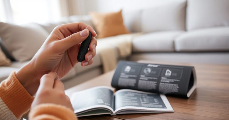 A close-up of a personās hands gently placing sleek, black Bose earbuds into their ears, surrounded by a soft, blurred background of a cozy living room. The light filters through a nearby window, highlighting the modern design of the earbuds, while an open instruction manual lies on a stylish coffee table, inviting and easy to read.