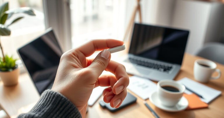 A close-up of a hand elegantly placing sleek Samsung earphones into a vibrant, modern environment, surrounded by a cozy workspace with a laptop, coffee cup, and scattered notes, soft natural light streaming in, emphasizing the simplicity and style of using the earphones against a backdrop of technology and comfort.