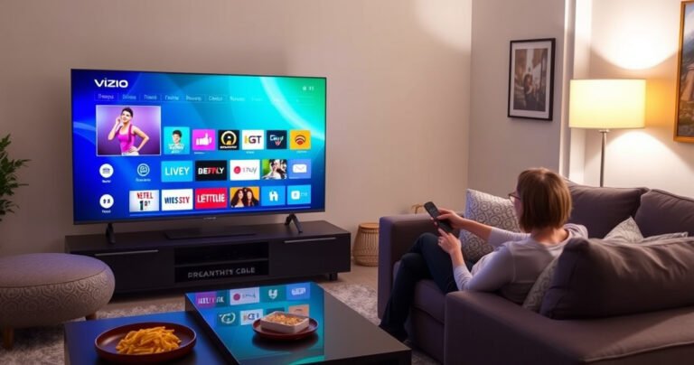 A cozy living room with a modern Vizio Smart TV displaying a colorful app grid, a person comfortably seated on a plush sofa, using a sleek remote control, bright ambient lighting highlighting the walls, and a coffee table with snacks, conveying a sense of ease and enjoyment in organizing digital entertainment.
