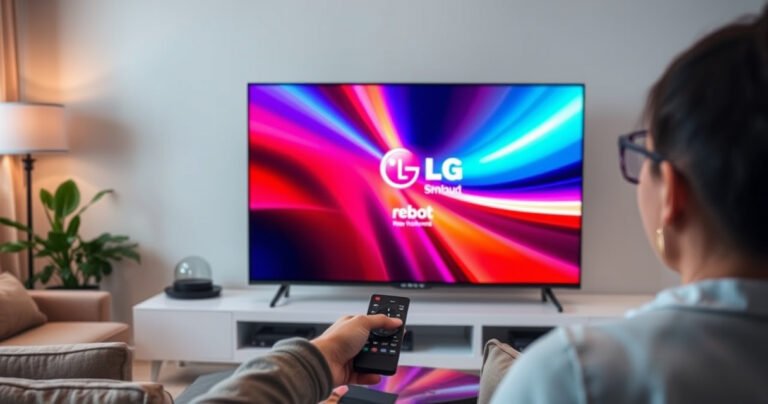 A sleek LG Smart TV displayed prominently in a modern living room, surrounded by cozy furniture and soft lighting. The screen shows a vibrant reboot screen with the LG logo, while a person gently interacts with the remote, displaying a sense of focus and determination to solve the issue, emphasizing a tech-savvy, welcoming atmosphere.