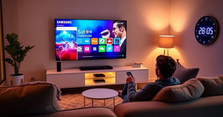 A sleek, modern living room with a Samsung Smart TV displaying vibrant icons on its screen. A person sitting on a cozy sofa, remote in hand, looks thoughtfully at the TV. Warm, ambient lighting enhances the tech atmosphere, while a digital clock on the wall shows a time of day perfect for a reboot.