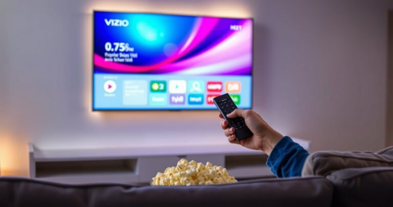 A sleek Vizio Smart TV on a modern living room wall, glowing with a vibrant home screen. A pair of hands holding a remote, poised over a reset button, while a cozy couch and a bowl of popcorn sit in the foreground. Soft ambient light illuminates the room, creating a welcoming atmosphere.