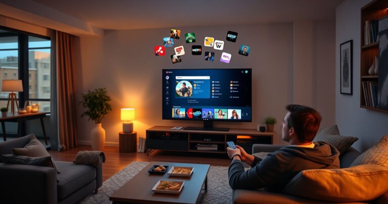A sleek modern living room featuring a large Smart TV displaying a recording interface, surrounded by cozy furniture, warm ambient lighting, and snacks on a coffee table. A person is sitting on the couch, focused on the TV, with a remote in hand, while colorful icons of recorded shows float above the screen, symbolizing tech-savvy convenience.