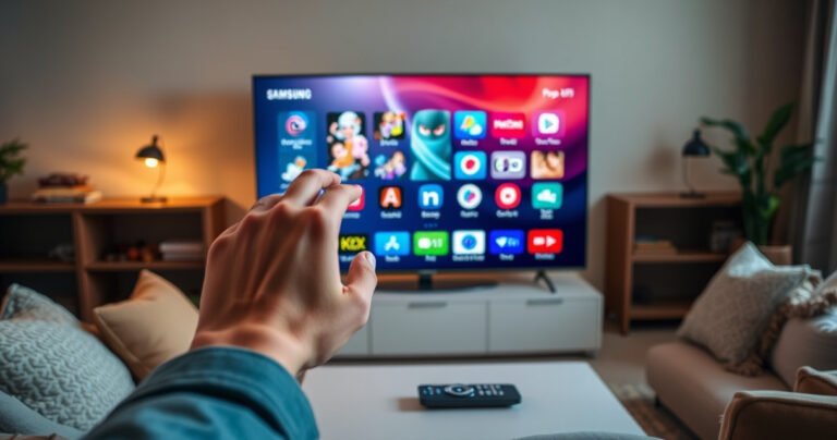 A sleek Samsung Smart TV displaying a vibrant, colorful app interface, with animated icons showcasing popular apps. In the foreground, a hand gently navigating the screen, surrounded by a cozy living room setting—cushions, warm lighting, and a coffee table with a remote control. The scene conveys a sense of ease and modern technology.