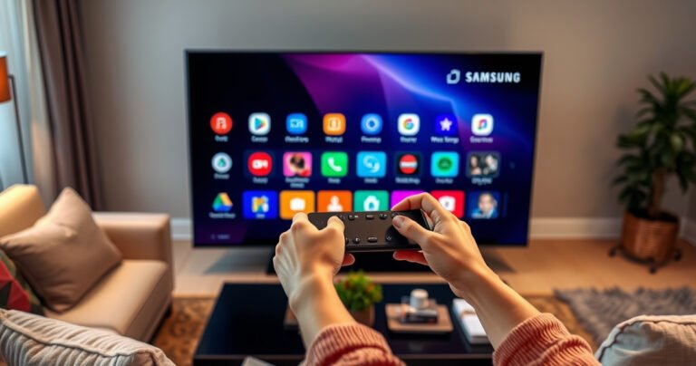 A sleek Samsung Smart TV displaying a user-friendly interface with vibrant app icons, a pair of hands gently navigating the remote, surrounded by a cozy living room with soft lighting, plush cushions, and a stylish coffee table, reflecting a sense of modern technology blending seamlessly into a warm home environment.