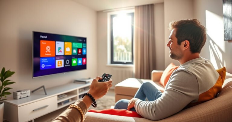 A sleek modern living room featuring a large smart TV displaying a colorful app interface, a person using a remote control with a focused expression, sunlight streaming through a window, and a cozy sofa adorned with vibrant cushions, creating a welcoming atmosphere that highlights the ease of managing smart technology.