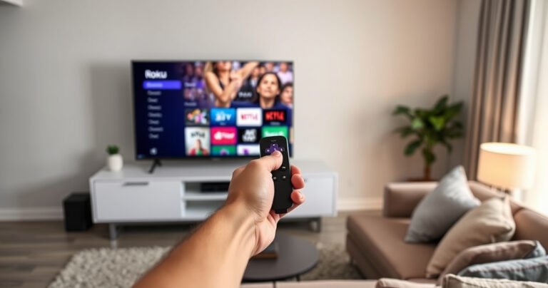A sleek, modern living room featuring a large Roku Smart TV on a stylish media console, displaying a vibrant interface with a highlighted app icon ready for removal. In the foreground, a hand gently reaches towards the TV remote, while a cozy sofa and ambient lighting create an inviting atmosphere for tech-savvy viewers.