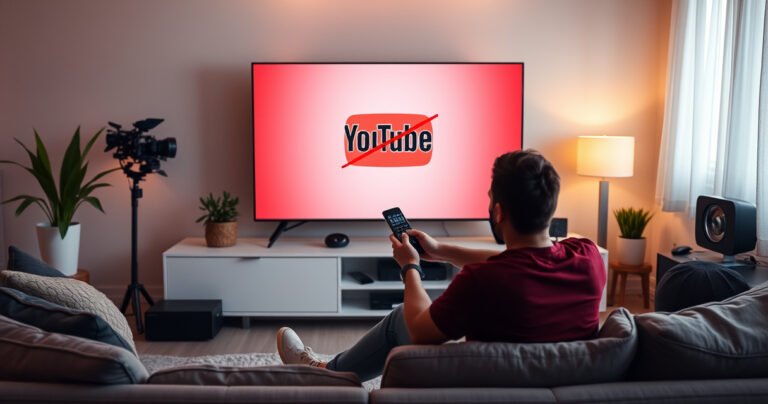 A modern living room featuring a sleek Samsung smart TV displaying a YouTube logo being crossed out. A person sits on the couch, holding a remote with determination, surrounded by a cozy ambiance of warm lighting, plants, and tech gadgets, symbolizing a focus on simplifying technology and reclaiming control over their viewing experience.