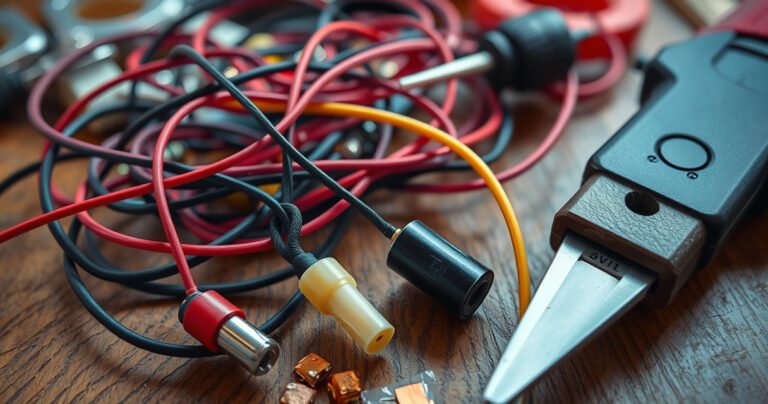 A close-up of tangled earphone wires lying on a wooden table, with vibrant colors showcasing frayed sections and exposed copper. Tools like scissors, tape, and a soldering iron are artfully arranged around the wires, while a soft glow illuminates the scene, emphasizing the determination and creativity involved in DIY repairs.