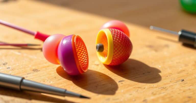 A close-up of a pair of vibrant, colorful earbuds, with one earbud partially disassembled revealing the intricate mesh interior. Surrounding the earbuds are small tools like tweezers and a tiny screwdriver, set on a wooden workbench. Soft natural light highlights the textures of the mesh and the sleek design of the earbuds, evoking a DIY atmosphere.
