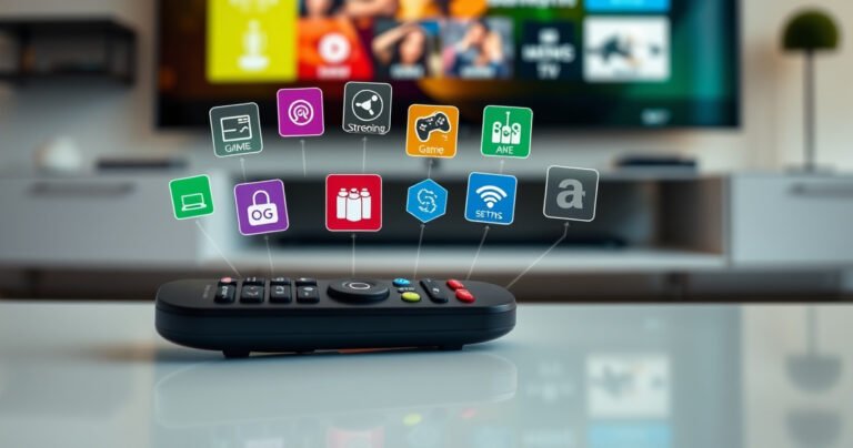 A close-up view of a Samsung smart TV remote lying on a sleek, modern coffee table, surrounded by colorful, interactive icons floating above it, depicting various smart TV functions like streaming, gaming, and settings. Soft ambient lighting creates a cozy atmosphere, with a large flat-screen TV in the background displaying a vibrant home screen.